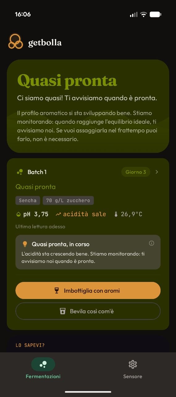 GetBolla app — main screen showing fermentation status